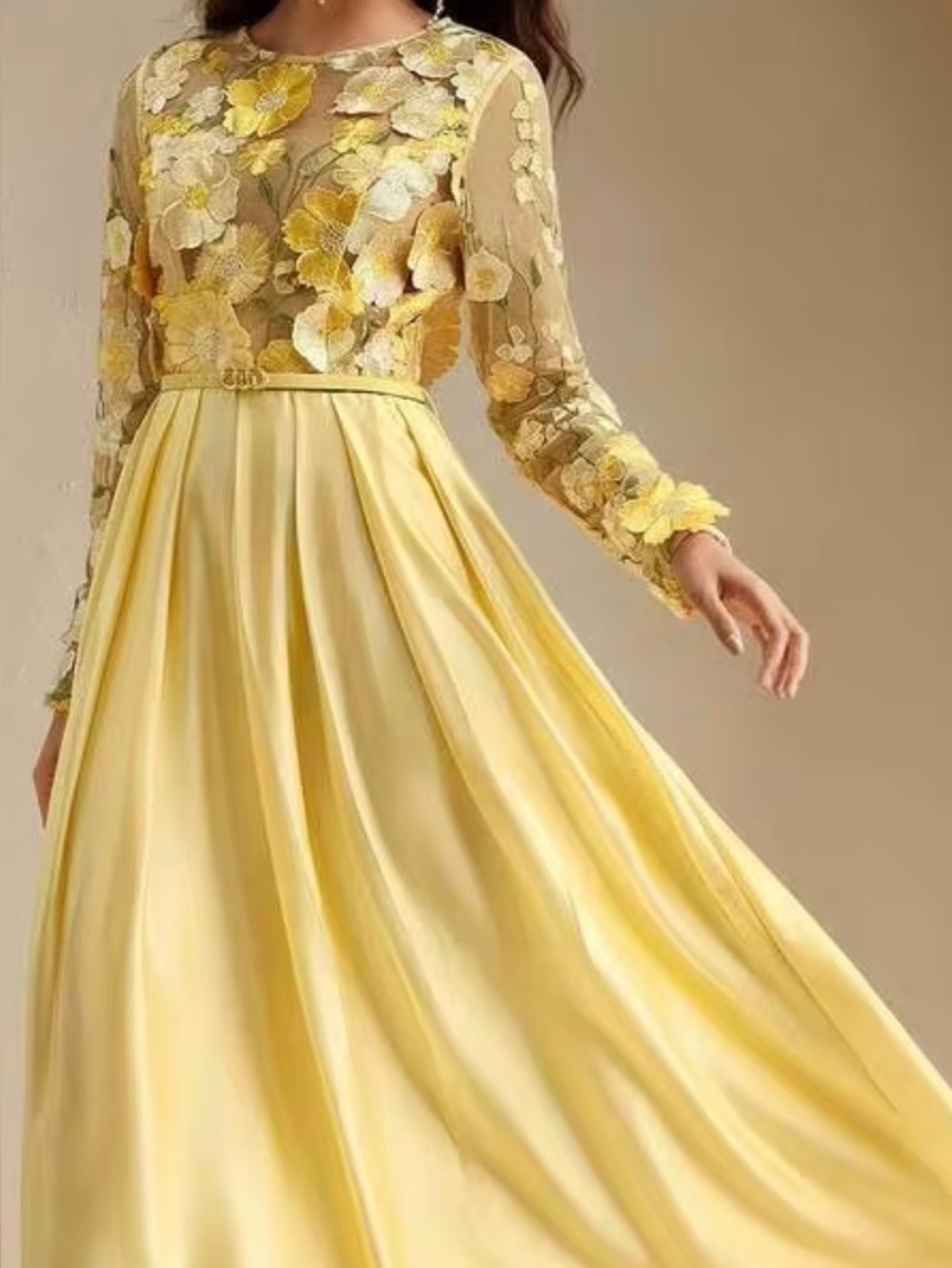 Yellow Floral Embroidered Long Sleeve Wedding Dress